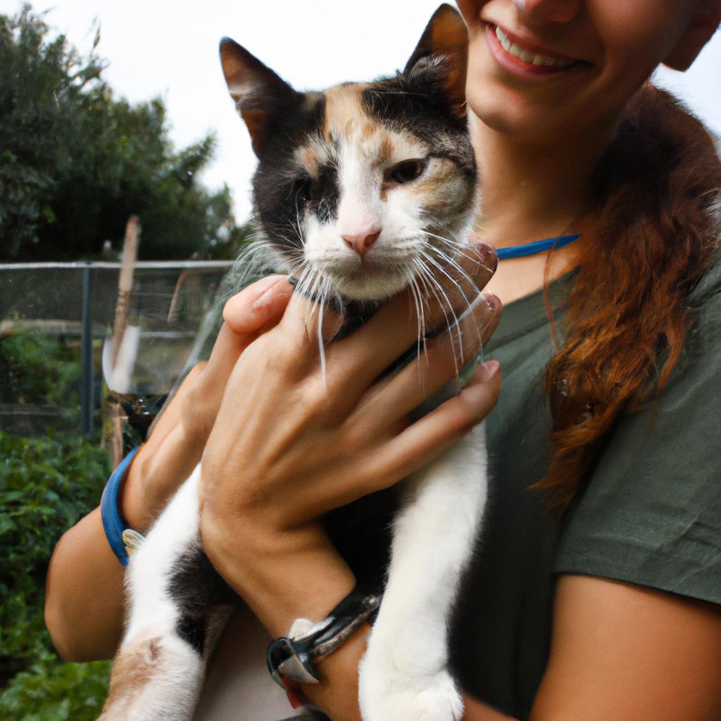Person holding rescued cat, smiling