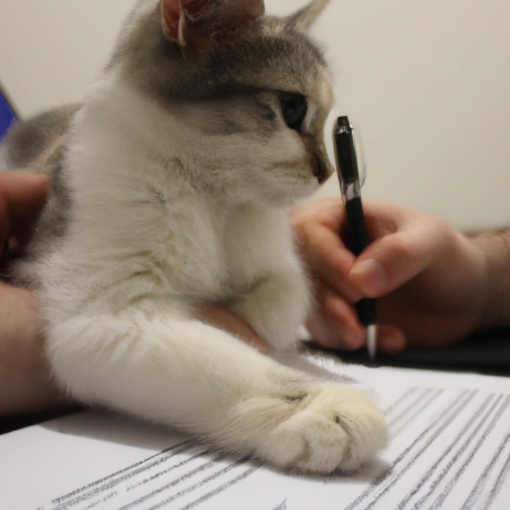 Person holding cat, signing paperwork